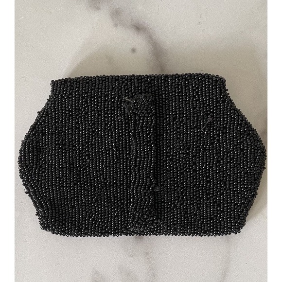 Antique Beaded Purse Clutch Black Beads Finger Loop on the Back Snap Closure